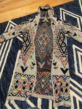 Northern Angel Open Front Hooded Aztec Multicolor Duster Cardigan